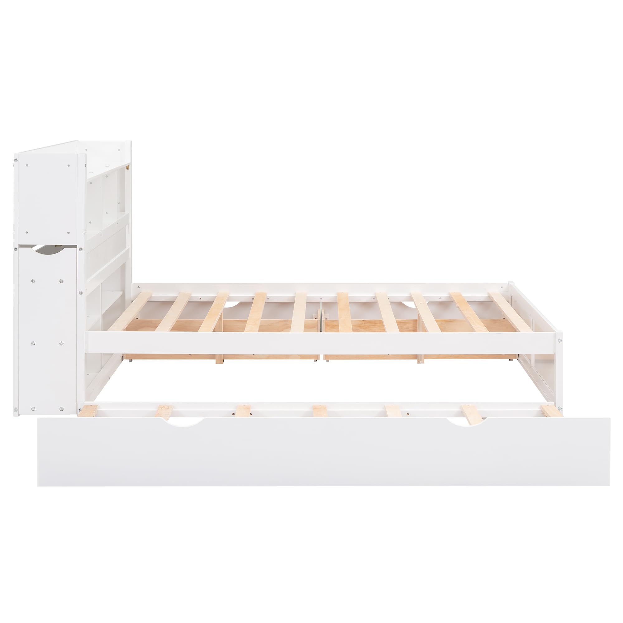 YOPTO Full Size Bed Frame with Storage Headboard with Charging Station,Wood Platform Bed with Twin Size Trundle,Pull Out Shelves and Drawers for Kids,Noise Free,No Box Spring Needed,White