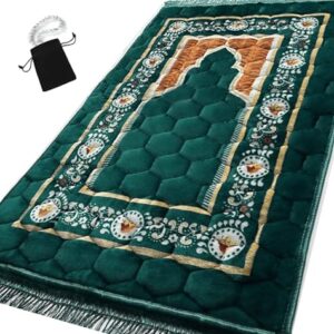 Prayer Rug Muslim Mat Islamic - Padded Very Thick Prayer Rug Sajadah for Men Women with Islam Prayer Beads for Eid Travel Ramadan, Soft and Luxury (Green Dl)