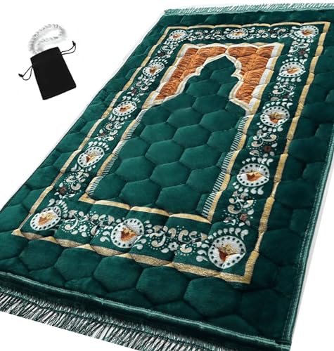 Prayer Rug Muslim Mat Islamic - Padded Very Thick Prayer Rug Sajadah for Men Women with Islam Prayer Beads for Eid Travel Ramadan, Soft and Luxury (Green Dl)