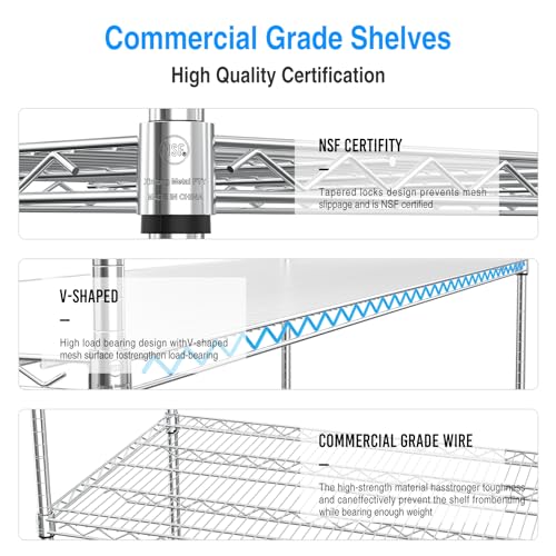 3 Tier NSF Wire Shelf Shelving Unit, 24 x 72 x 62 Inch 3000lbs Capacity Heavy Duty Adjustable Storage Rack with 5in Wheels and Shelf Liners and Extensible Designs Large Utility Storage Rack - Chrome