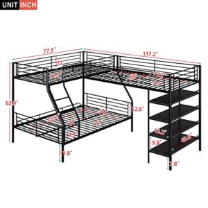 RORIGAT Metal L-Shaped Bunk Bed,Triple Bunk Beds for Kids,L-Shaped Metal Twin Over Full Bunk Bed and Twin Size Loft Bed with Four Built-in Shelves,for Three Kids Teens Boys Girls,Black