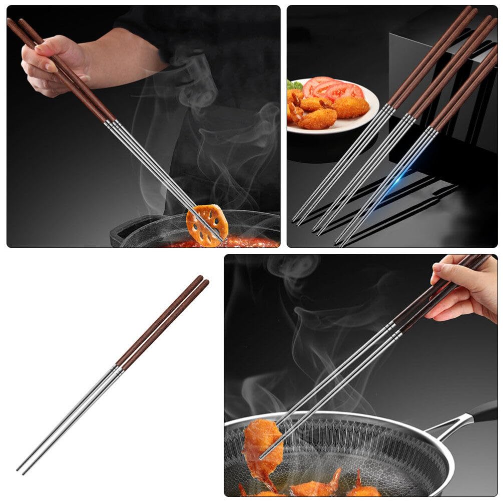 Kichvoe 1 Pair Long Cooking Chopstick Stainless Steel Chopstick with Wooden Handle 40cm Chinese Long Hot Pot Chopstick Wooden Frying Chopstick for Hot Pot Frying Noodle Cooking Favor