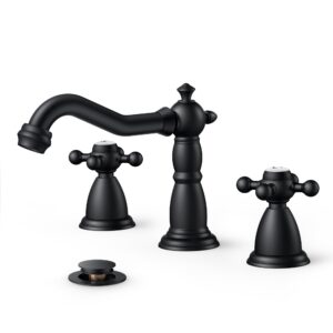 FORIOUS Antique Black Bathroom Faucets, Bathroom Sink Faucet Two Handle 3 Hole, Widespread Matte Black Bathroom Faucet with Metal Pop-up Drain & Supply Lines Faucet for Bathroom Sink, Farmhouse