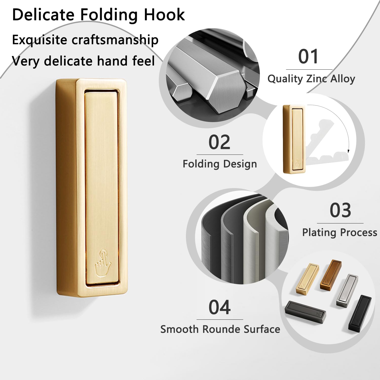 XSGTZMJ 4Pcs Foldable Hooks Wall Mount Zinc Alloy, Bathroom Wall Hook Retractable for Hanging Clothes, Keys, Towels, Folding Hooks with Fixing Accessories (Gold)