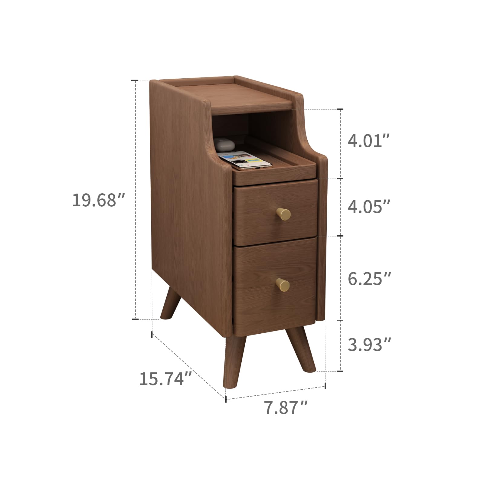 KASLANDI Small Nightstand,Solid Wood Nightstand with Drawers, Walnut Bedside Table for Bedroom