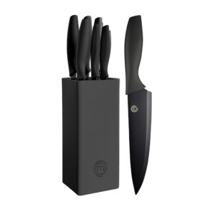 masterchef knife block set of 6 kitchen knives, extra sharp stainless steel blades for professional cutting with non stick coating & soft touch easy grip handles in a universal block, essential black