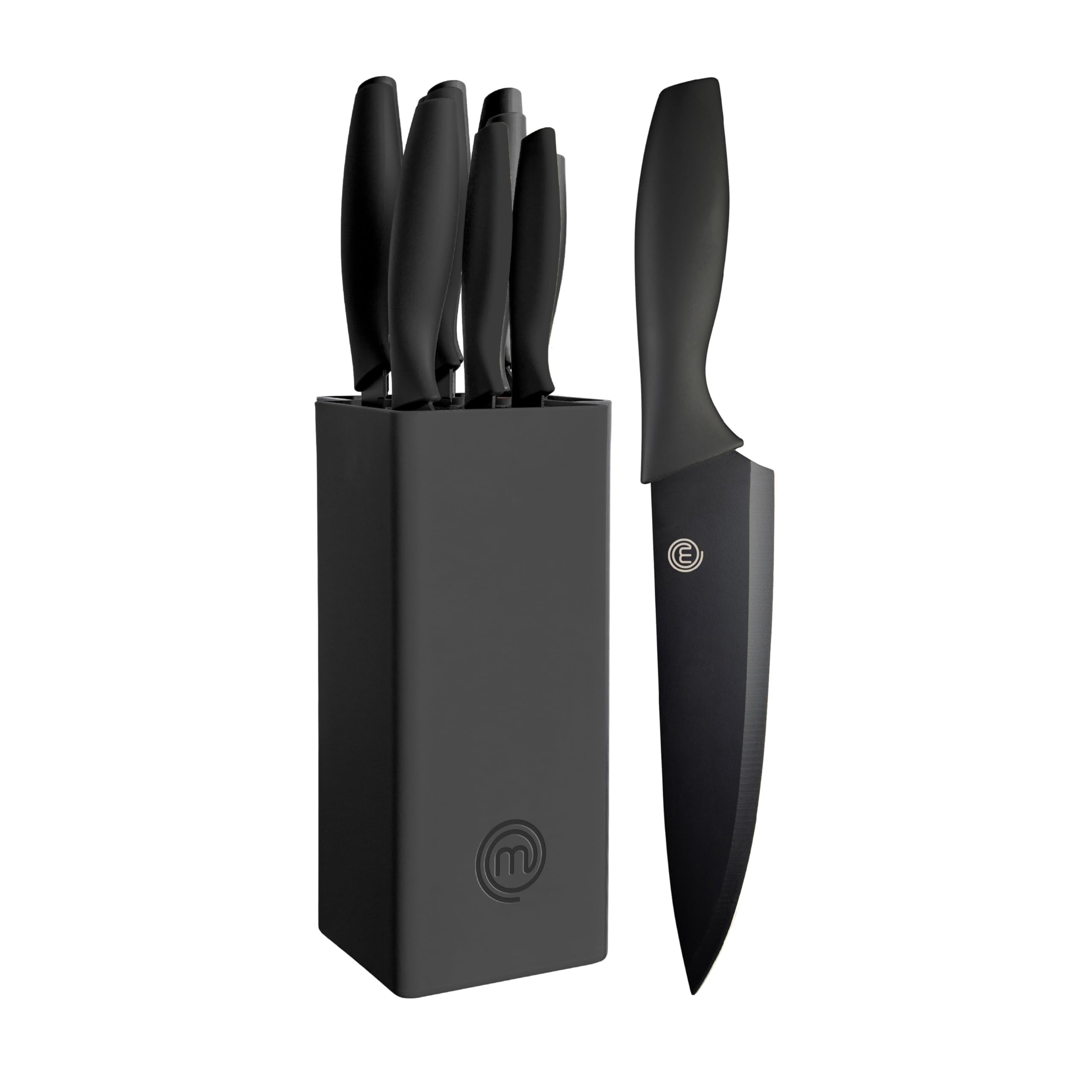 MasterChef Knife Block Set of 6 Kitchen Knives, Extra Sharp Stainless Steel Blades for Professional Cutting with Non Stick Coating & Soft Touch Easy Grip Handles in a Universal Block, Essential Black