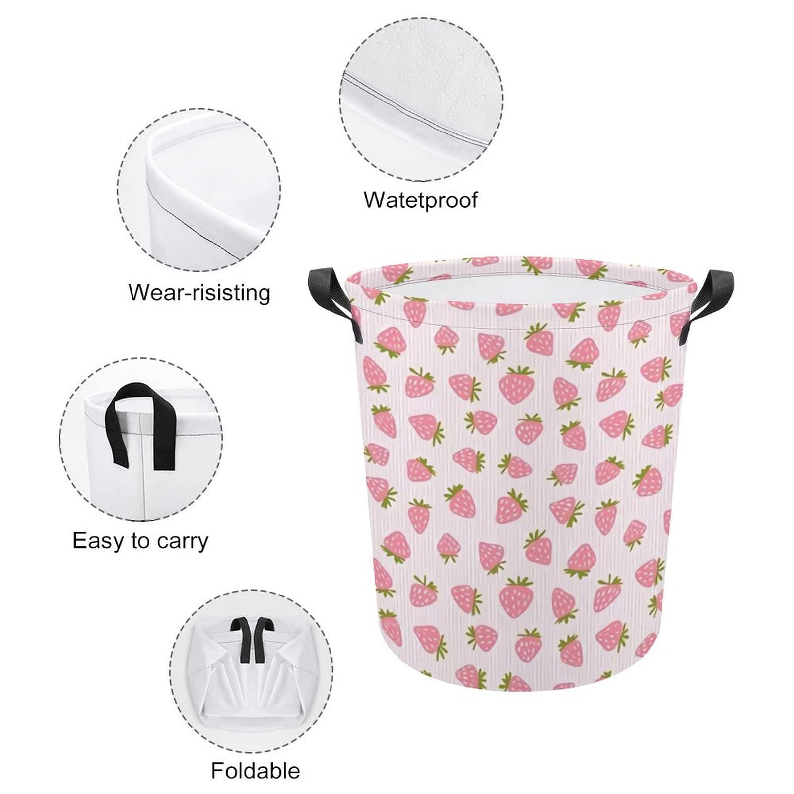 Laundry Basket Strawberries Pink Stripes Laundry Hamper Bag Clothes Bag Collapsible With Handles Travel Bathroom College Essentials Storage