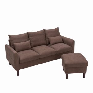 Panana 3 Seater with Footstool Chaise Small L-Shaped Corner Sofa Couch Armchair Furniture for Living Room Office (Brown Linen, 3 Seater + Ottoman)