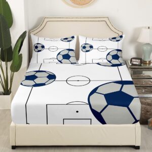 jejeloiu Football Sheet Set Queen Size Kids Football Court Sheets with Deep Pocket Fitted Sheet for Boys Girls Teens Soccer Ball Pattern Bed Sheets Set Breathable Sports Theme Bedding Set Room Decor