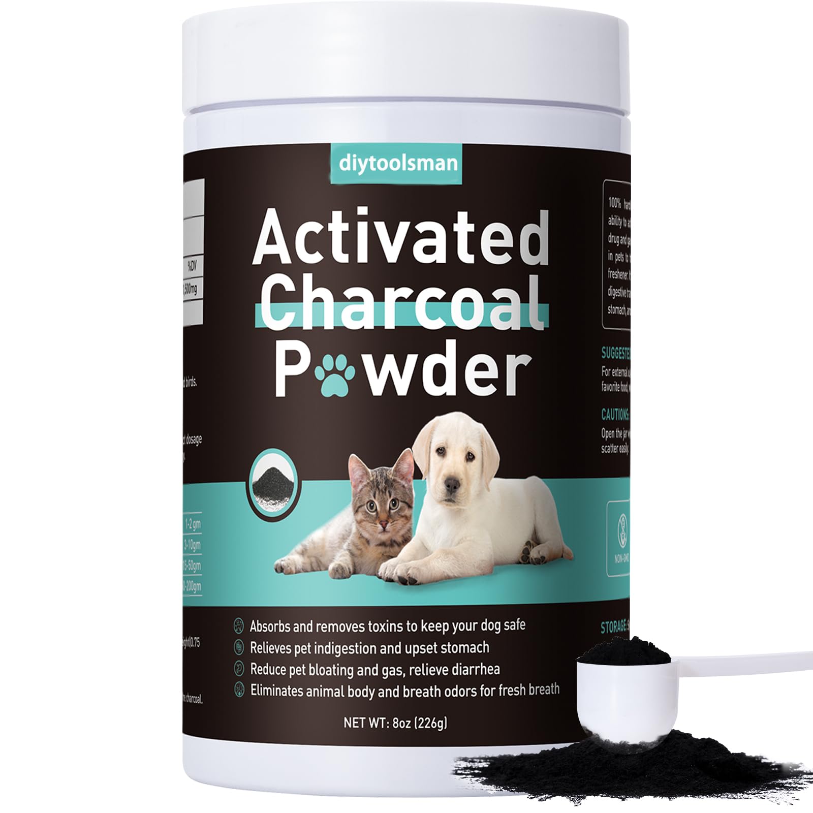 Activated Charcoal for Dogs, 8oz Powder Detox and Digestive Aid, for Poisoning Treatment, Gas Relief & Liver Support, Safe for All Pets, Non-GMO, Gluten-Free