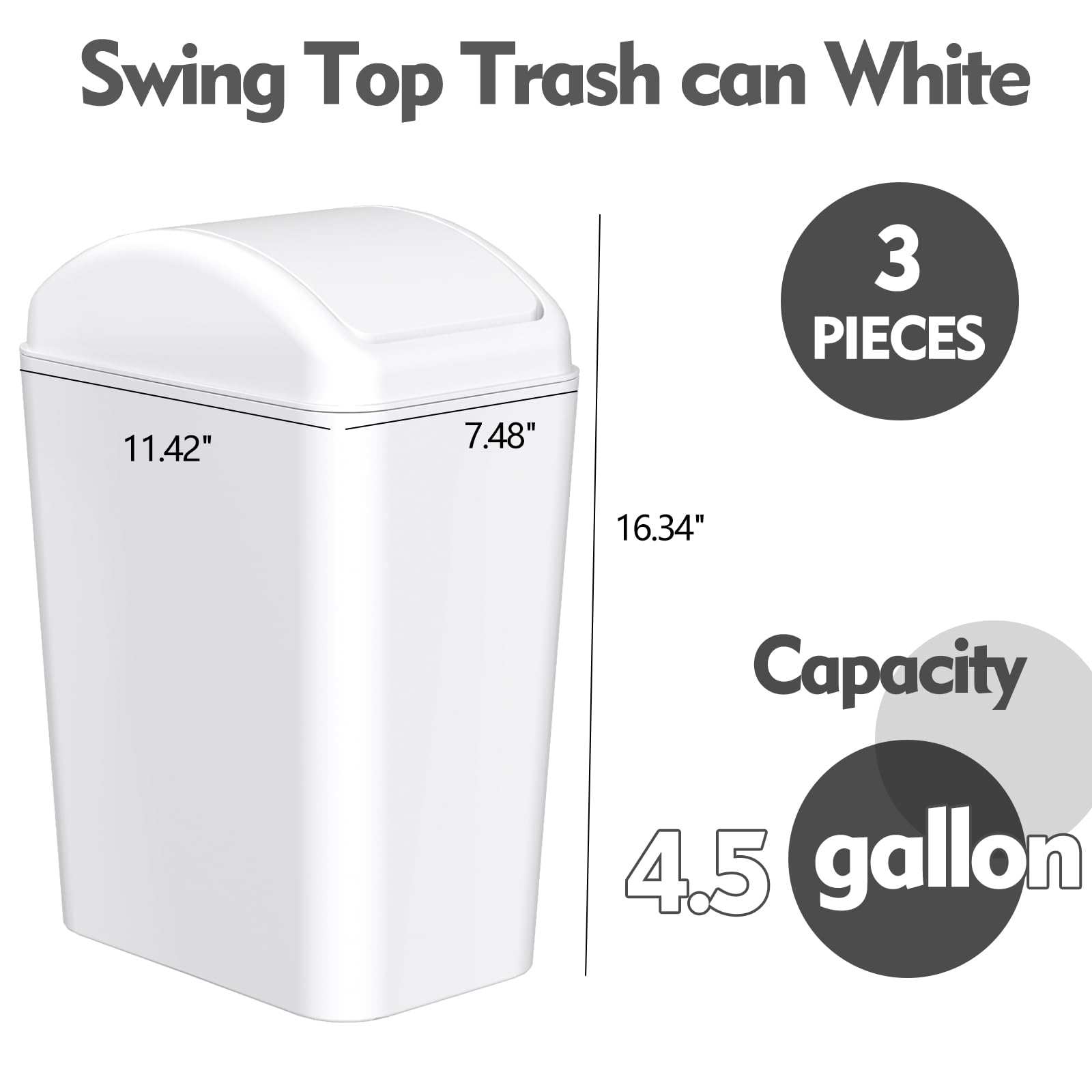 Yesdate 3-Pack 4.5 Gallon Plastic Trash Can with Swing Lid, Swing-Top Waste Can, White