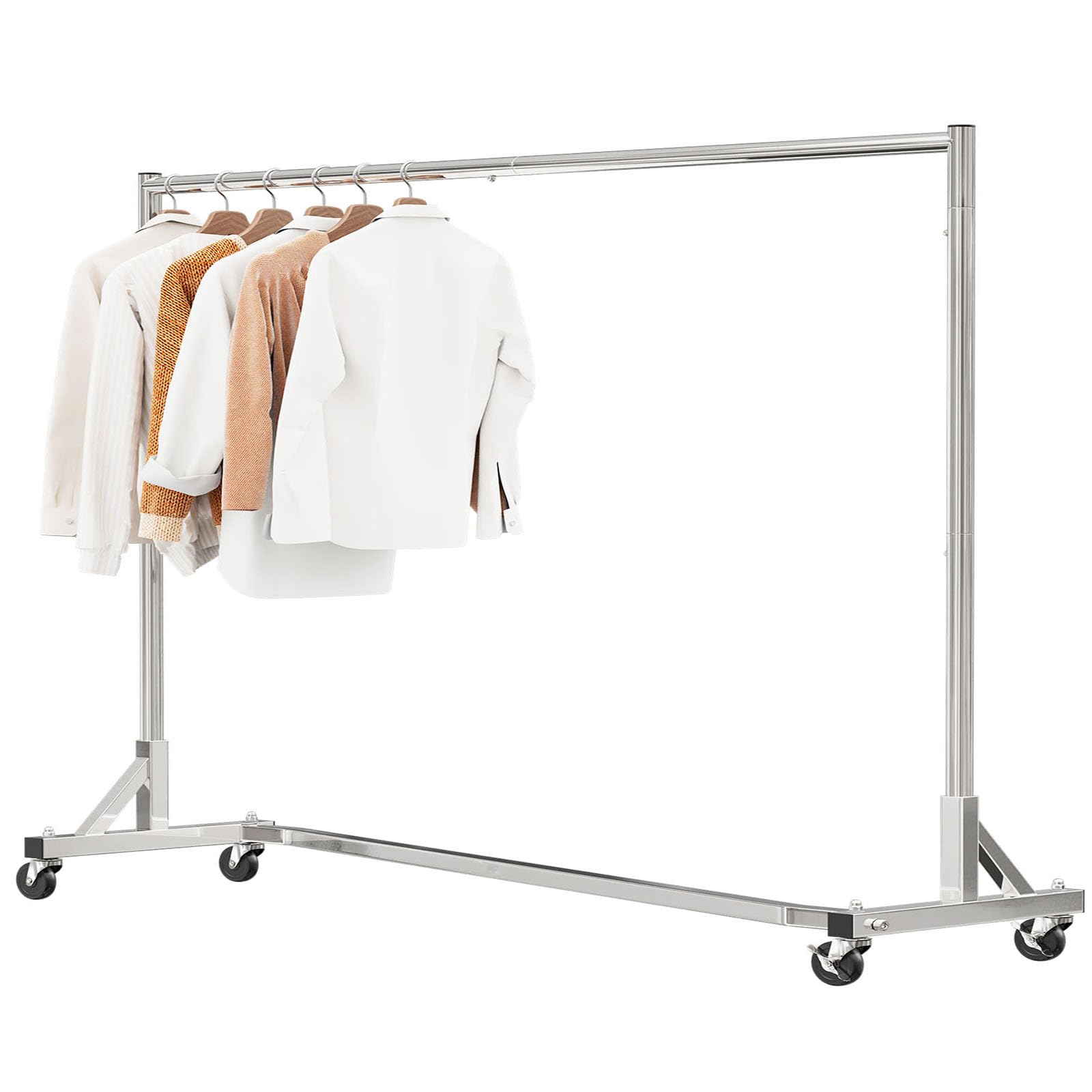 Simple Trending Industrial Grade Z-Base 70in extra long Clothes Garment Rack, Commercial Grade Rolling Clothing Rack, Heavy Duty 600lb Load with Wheels, Chrome.