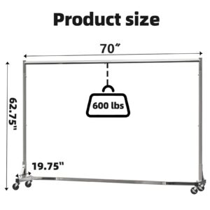 Simple Trending Industrial Grade Z-Base 70in extra long Clothes Garment Rack, Commercial Grade Rolling Clothing Rack, Heavy Duty 600lb Load with Wheels, Chrome.