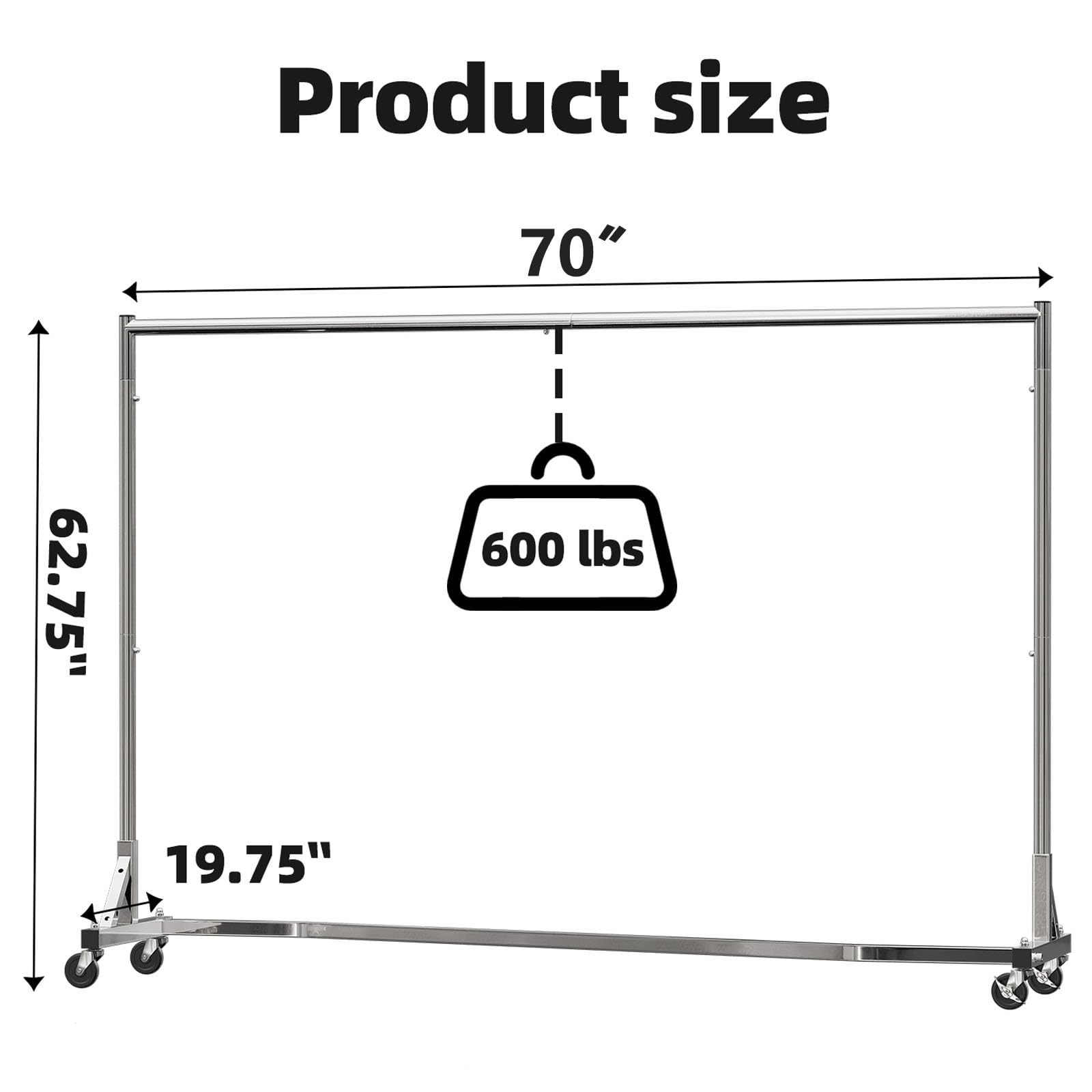 Simple Trending Industrial Grade Z-Base 70in extra long Clothes Garment Rack, Commercial Grade Rolling Clothing Rack, Heavy Duty 600lb Load with Wheels, Chrome.