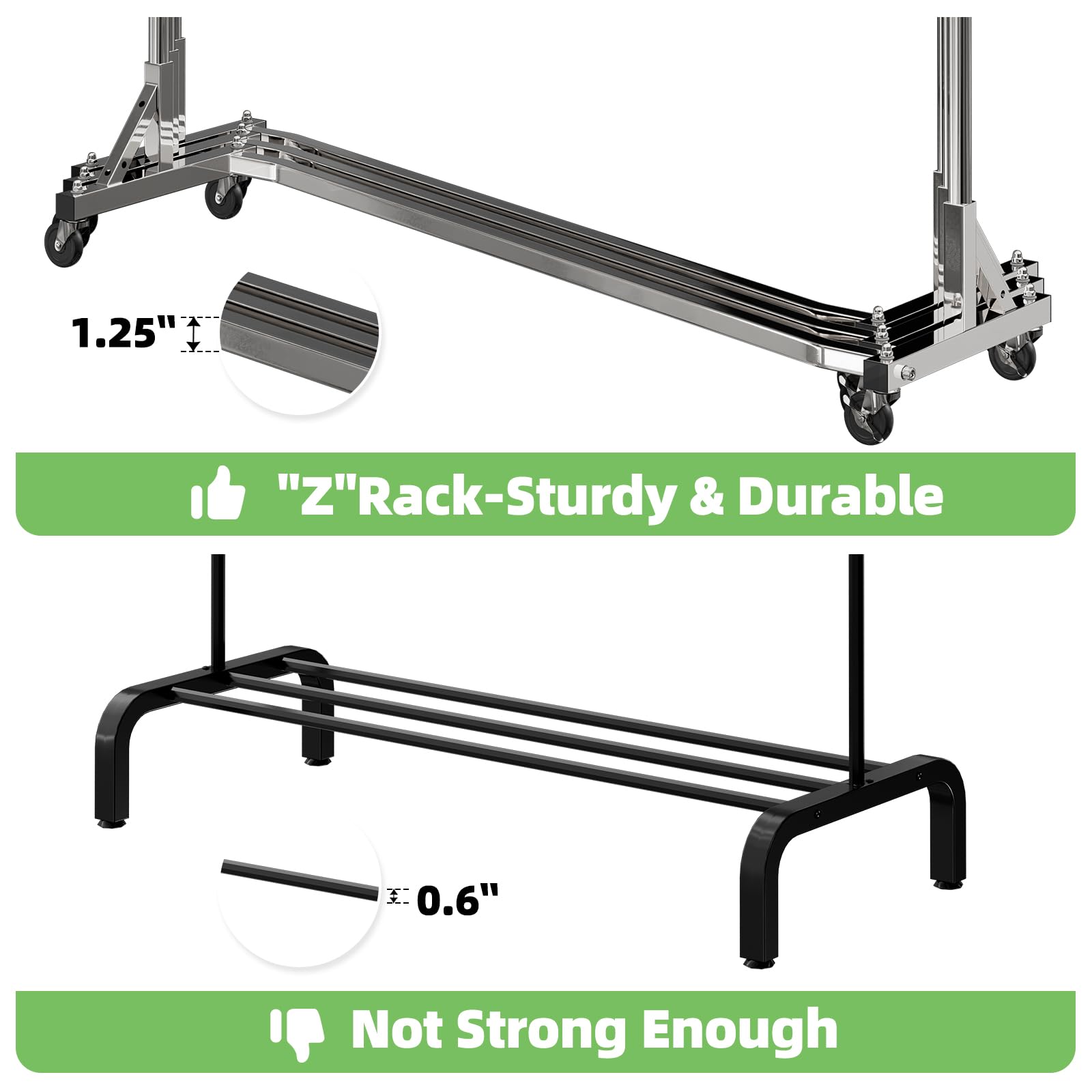 Simple Trending Industrial Grade Z-Base 70in extra long Clothes Garment Rack, Commercial Grade Rolling Clothing Rack, Heavy Duty 600lb Load with Wheels, Chrome.