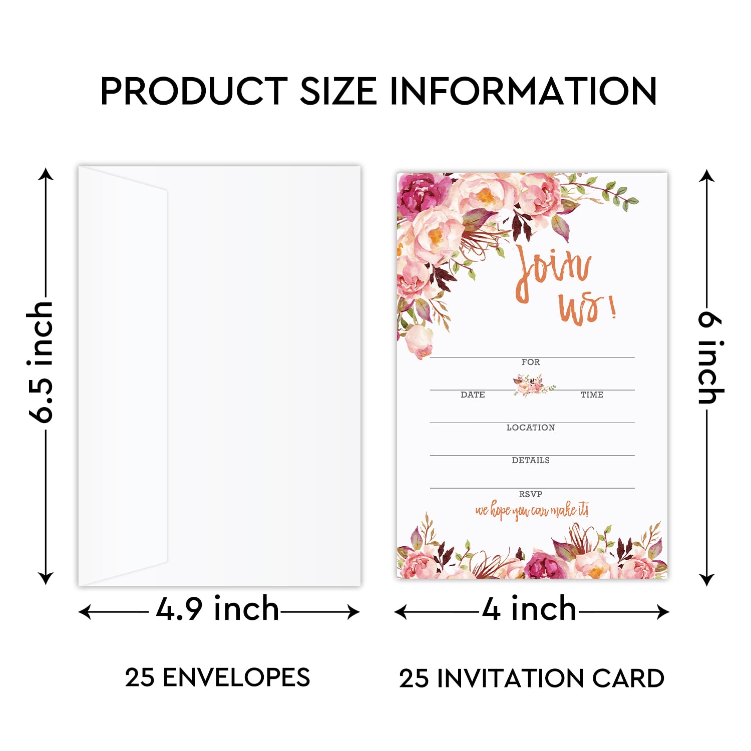 YUEXLL Set of 25 Floral Invitations with 25 White Envelopes, Join Us Fill-in Invites Cards Fit All Occasion for Birthday, Engagement, Wedding, Bridal Shower, Anniversary Party - 03