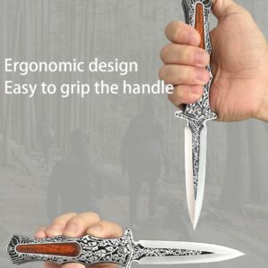 SELUCREH Folding Knife Stainless Steel Blade with 3D Retro Embossed Pattern, Pocket Clip for Men,Sharp Camping Survival Hiking Knives (Sword Type)