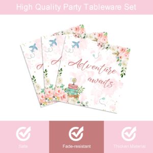 96 Pcs Adventure Awaits Baby Shower Tableware Set World Map Flower Travel and Adventure Begins Dinnerware for Girl Women Bridal Shower Party Decorations Plates Napkins Favors Serves 24 Guests