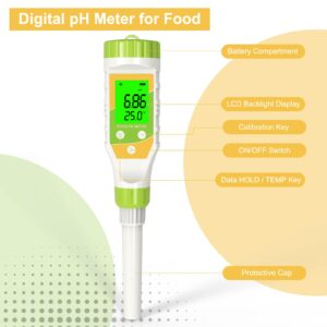 GISNPA Digital pH Meter for Food, 0.01 Resolution High Accuracy Food pH Tester with Backlit LCD Display and ATC for Meat, Bread, Canning, Brewing, Cheese, Solid Sampling, Soft Soil and Water