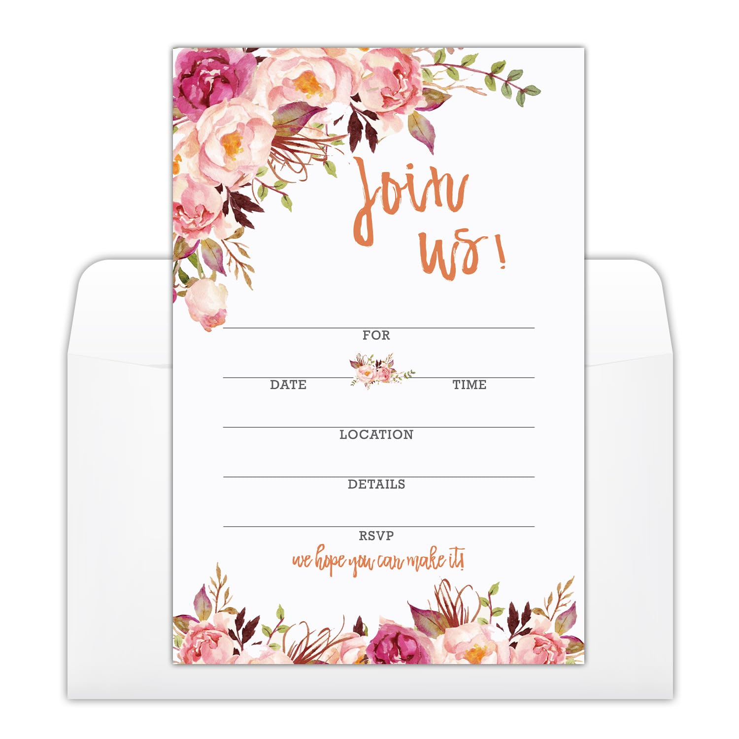 YUEXLL Set of 25 Floral Invitations with 25 White Envelopes, Join Us Fill-in Invites Cards Fit All Occasion for Birthday, Engagement, Wedding, Bridal Shower, Anniversary Party - 03