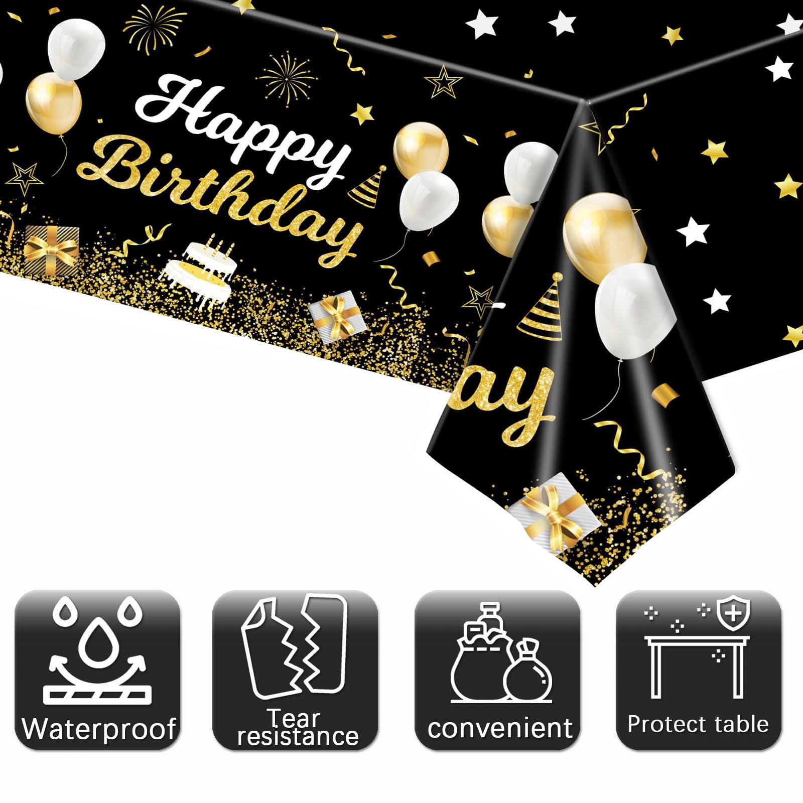 MRJ 3 Pack Gold and Black Happy Birthday Tablecloths 54"x108" Star Birthday Table Cover for Kids Boys Girls Baby Shower