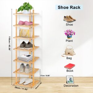 Tohomes 7-Tier Shoe Rack for Closet, Shoes Organizer Free Standing Shelf Entryway and Closet Hallway, Small Space Stackable Bamboo Multifunctional Racks Shoe Storage