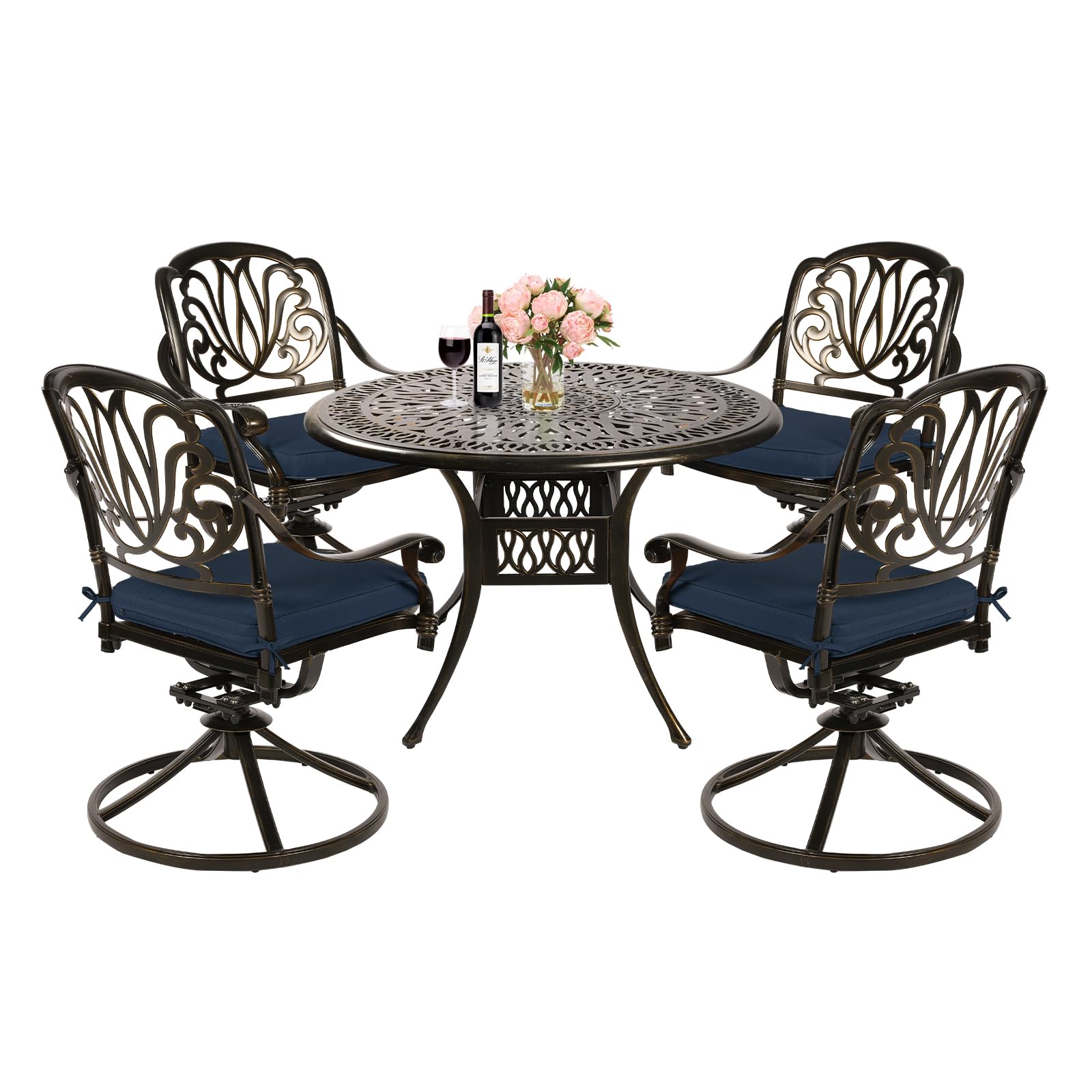 MEETWARM 5-Piece Outdoor Patio Dining Set, All-Weather Cast Aluminum Patio Conversation Set for Backyard Garden Deck with 4 Cushions Swivel Rocker Chairs and 35.4" Round Table, Navy Blue