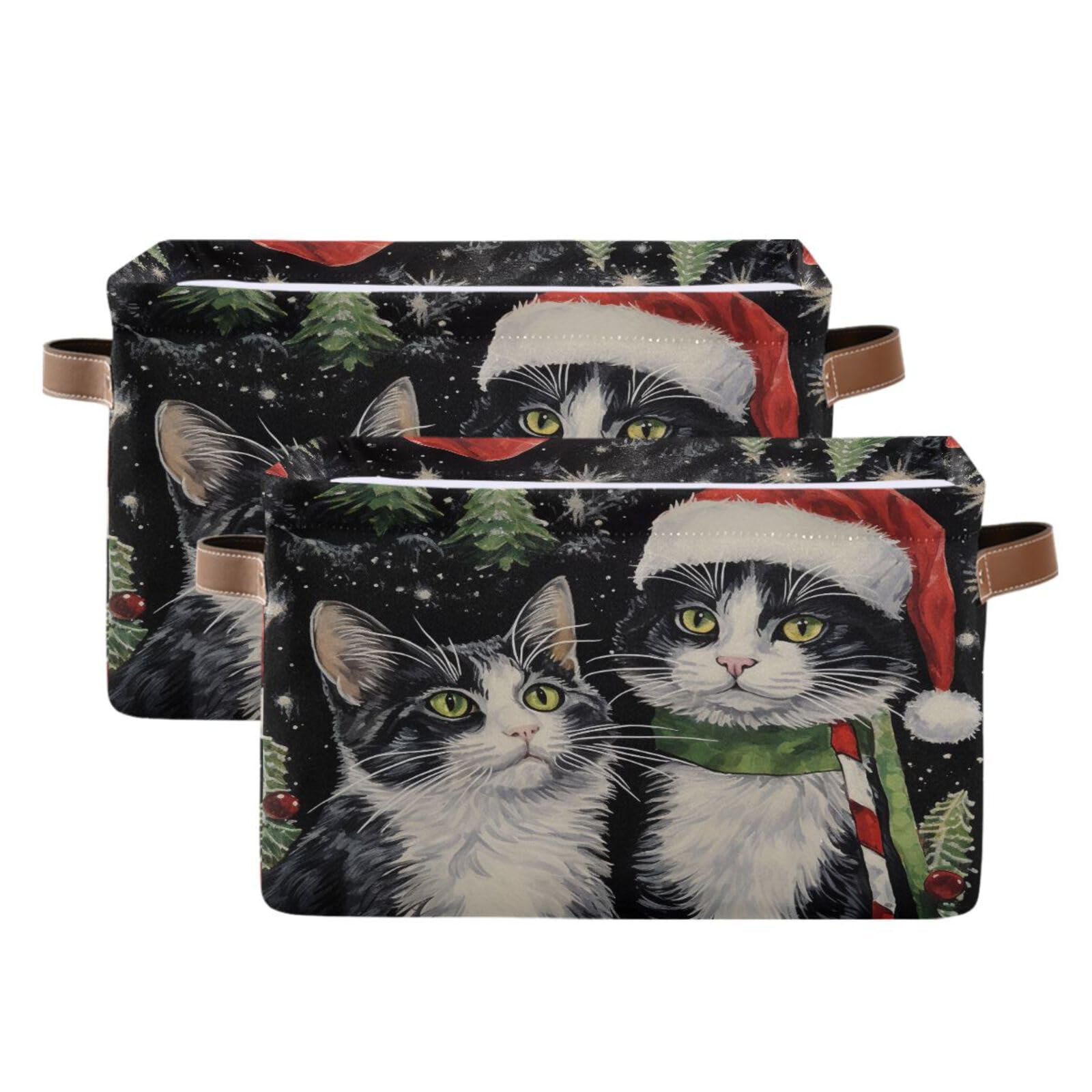 senya Christmas Basket, Christmas Cats with Hat Foldable Fabric Collapsible Storage Bins Organizer Bag for Storage Clothes