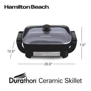 Hamilton Beach Electric Skillet with PFAS-Free Durathon Ceramic Coating, Removable 12x15” Pan, Adjustable Temperature, Reversible Design, Tempered Glass Lid, Black Nonstick Surface (38531)