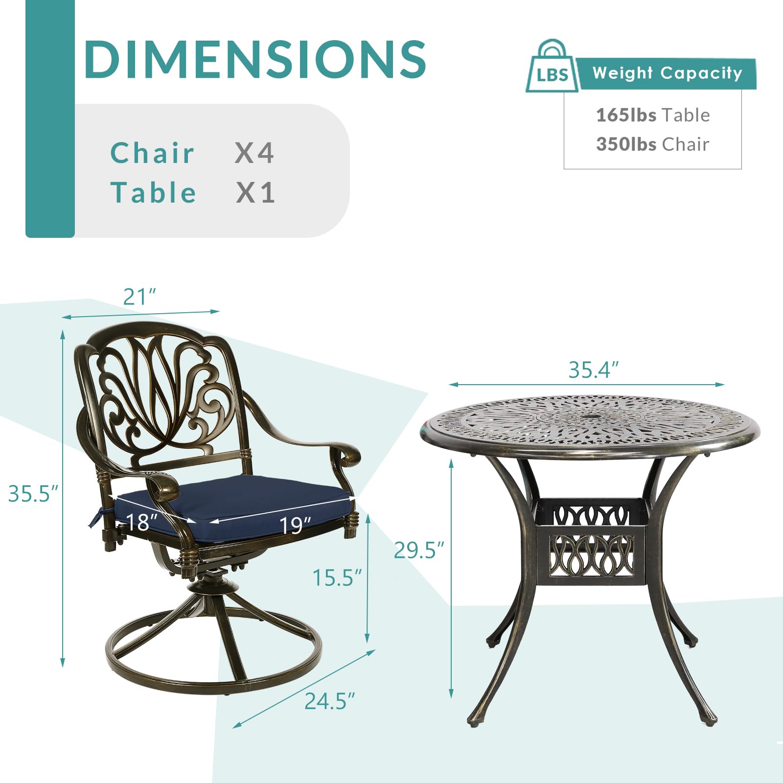 MEETWARM 5-Piece Outdoor Patio Dining Set, All-Weather Cast Aluminum Patio Conversation Set for Backyard Garden Deck with 4 Cushions Swivel Rocker Chairs and 35.4" Round Table, Navy Blue