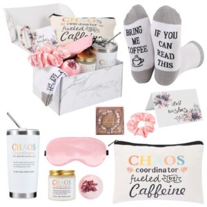 10 pieces chaos coordinator gifts set: thank you gifts 20 oz tumbler,candle,scrunchies hair tie,bracelet,makeup bag,socks,greeting card,bath sall ball,sleep mask for for women coworkers boss