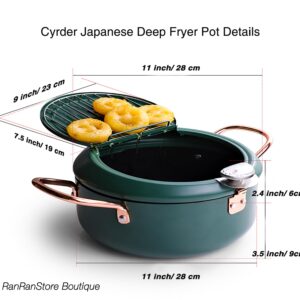 Cyrder Deep Fryer Pot, 4.3L/11 Inch Japanese Tempura Frying Pot with Fahrenheit Thermometer, Nonstick Carbon Steel Oil Fryer, for Tempura/Frech/Fish/Chicken Fries, Easy Clean, Green