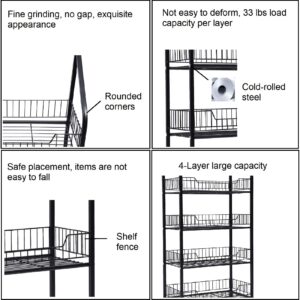4-Tier Kitchen Baker's Racks Snack Display Rack Organizer with Wheels Metal Standing Shelf Units for Bathroom Living Room Office Garage 19.6 x 10.6 x55in,150lbs Loading(Black)