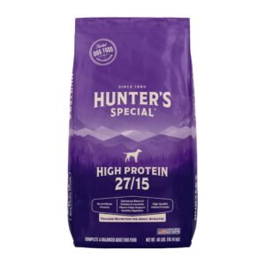 hunters special hi protein dog food 27/15, 40 lbs.