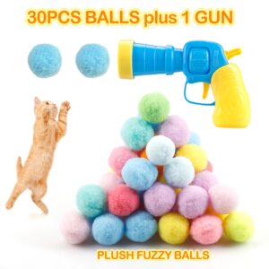 31Pcs Cat Ball Toy Launcher Gun, Cat Balls Fetch Toy, 30Pcs Plush Fuzzy Balls Launcher Cat Toy for Cats with 1 Gun, Funny Interactive Cat Toys for Bored Indoor Adult Cats, Cute Kitten Kitty Toys