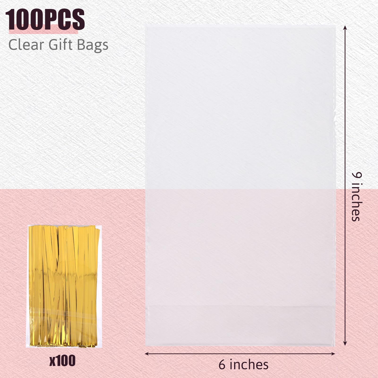 Shindel 100PCS Cellophane Bags, 6x9inch Treat Bags with Ties Clear Gift Bags Cello Bags Cookie Bags for Toast Cookie Candy Bakery Party Christmas Gift Wrapping