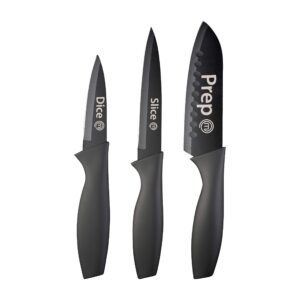 masterchef kitchen knives set of 3, small knife set for home cooking, rv or camping, extra sharp cutting, non stick coated stainless steel blades & soft-touch easy-grip handles, black with captions