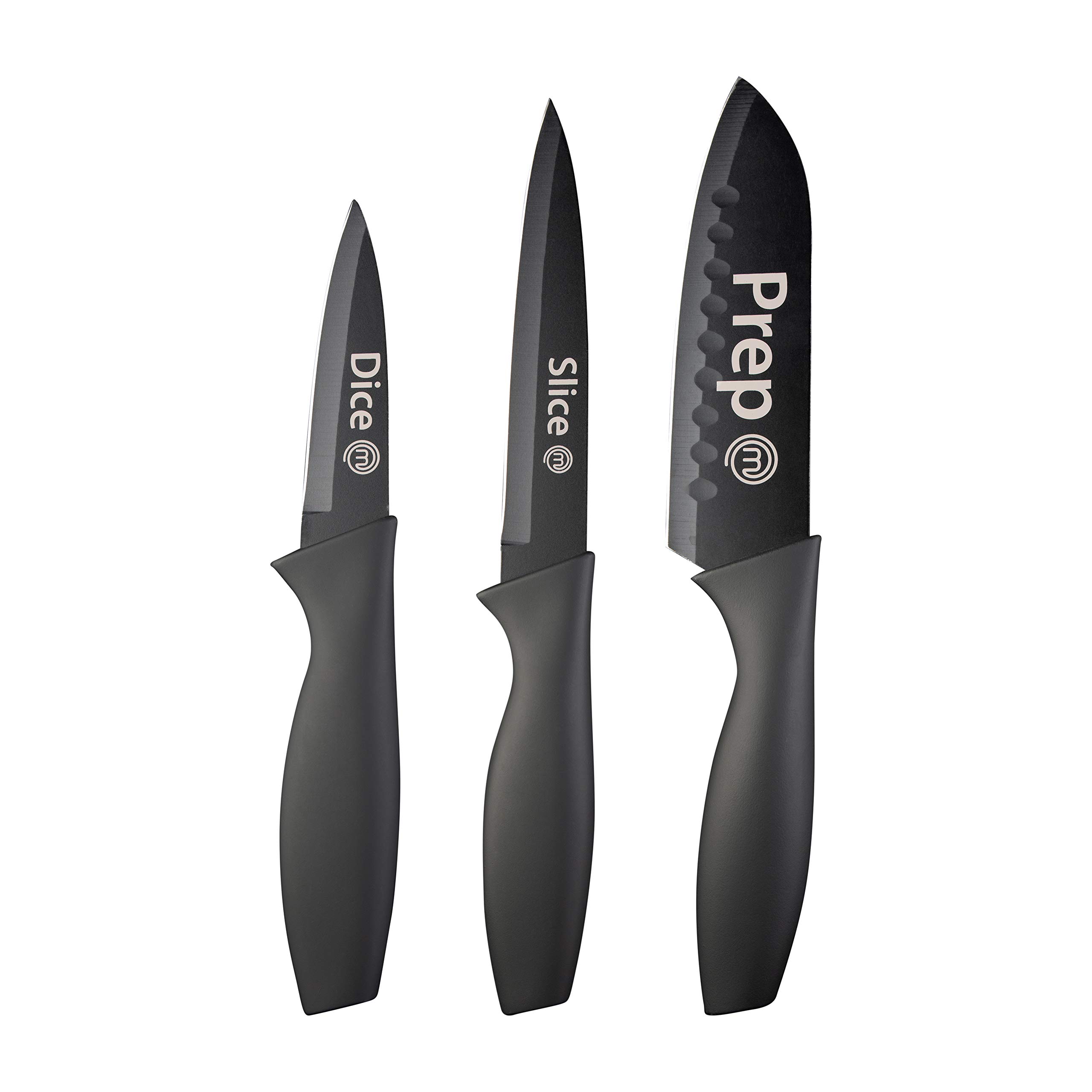 MasterChef Kitchen Knives Set of 3, Small Knife Set for Home Cooking, RV or Camping, Extra Sharp Cutting, Non Stick Coated Stainless Steel Blades & Soft-Touch Easy-Grip Handles, Black with Captions