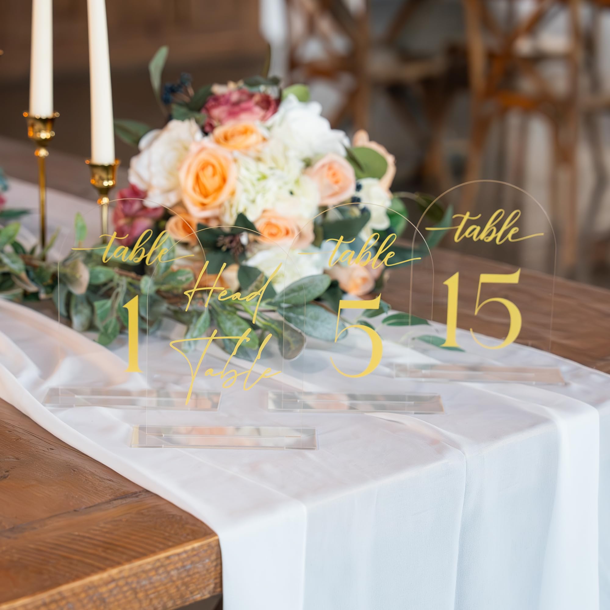 Clear Arch Acrylic Table Numbers for Wedding Reception - 10 Pack 5" x 7" Gold Font Table Number Centerpiece Set with Holder Stands & Head Table Sign - Anniversary, Event, Party, Wedding Table Numbers