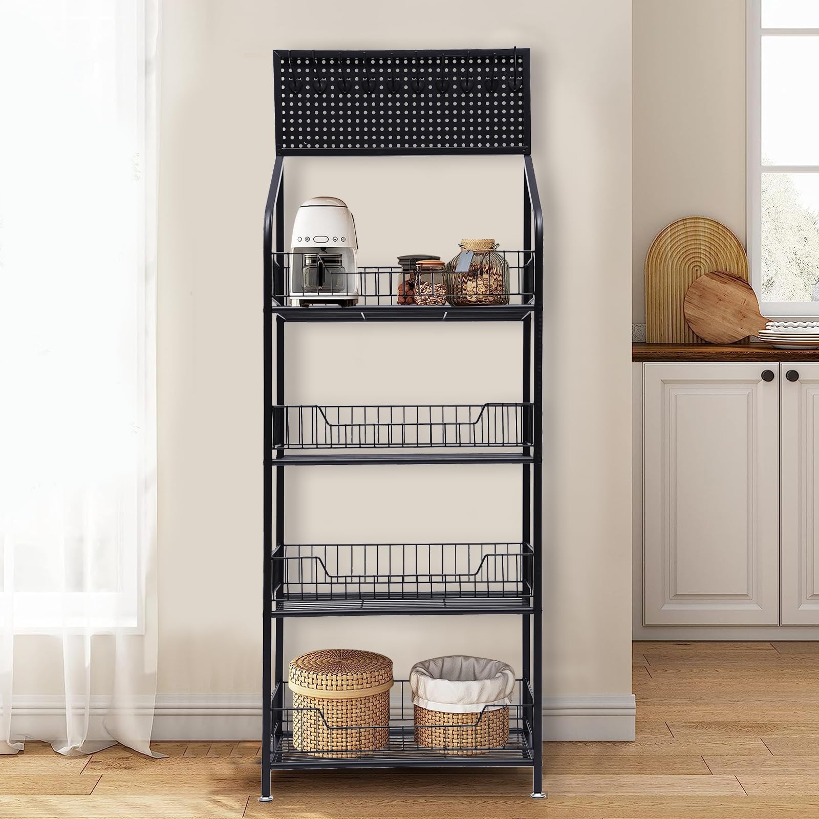 4-Tier Kitchen Baker's Racks Snack Display Rack Organizer with Wheels Metal Standing Shelf Units for Bathroom Living Room Office Garage 19.6 x 10.6 x55in,150lbs Loading(Black)