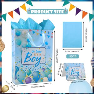 Large Blue Baby Boy Gift Bag with Tissue Paper and Greeting Card, It's A Boy Baby Shower Paper Bag Baby Boy Wrapping Paper Bag with Ribbon Handles for Party Supplies Decorations,1st Birthday Gender Reveal Party Favors