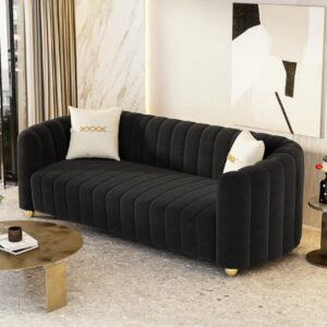 Moxoq Modern Black Velvet Couch for Living Room, 83.46" Curved Black Sofa with Gold Metal Sphere Legs, 3 Seater Comfy Cloud Couches for Bedroom Apartment (Velvet Black)