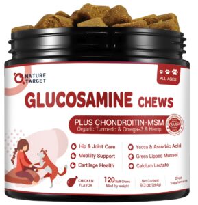 glucosamine for dogs, joint supplement for dogs with chondroitin, msm, omega-3, hemp for pain relief, hip and joint chews for dogs with calcium for bone health, 120 soft chews