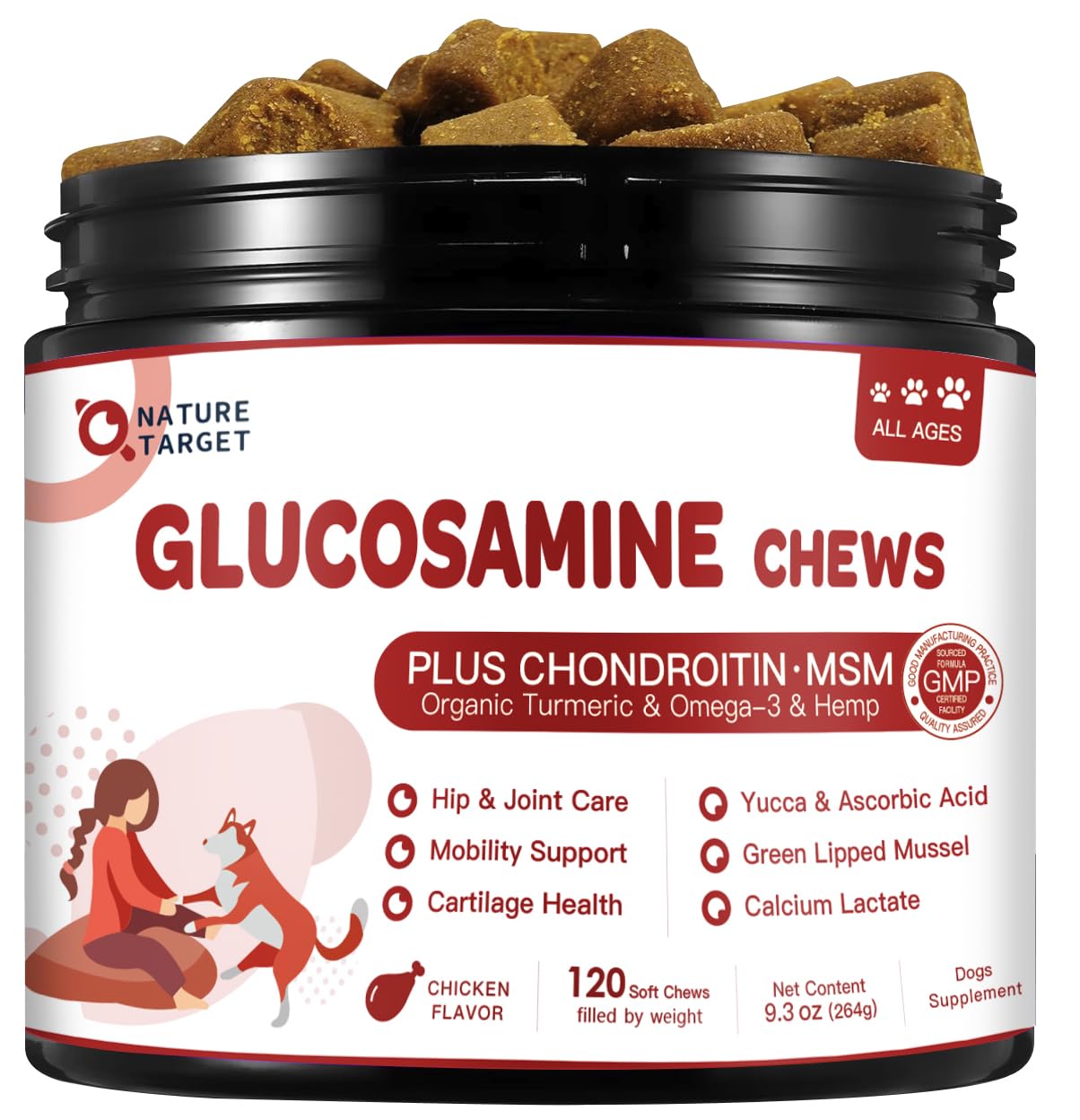 Glucosamine for Dogs, Joint Supplement for Dogs with Chondroitin, MSM, Omega-3, Hemp for Pain Relief, Hip and Joint Chews for Dogs with Calcium for Bone Health, 120 Soft Chews