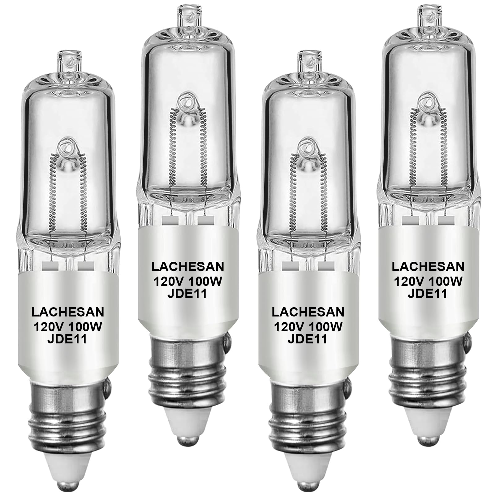 Lachesan JDE11 120v 100w, E11 Halogen Bulb（Replacement E11 Led Bulb） T4 Mini Candelabra Base, 2700K Warm White Dimmable for Chandeliers, Ceiling Fan, Table Lamps, Cabinet Lighting, 4 Pack