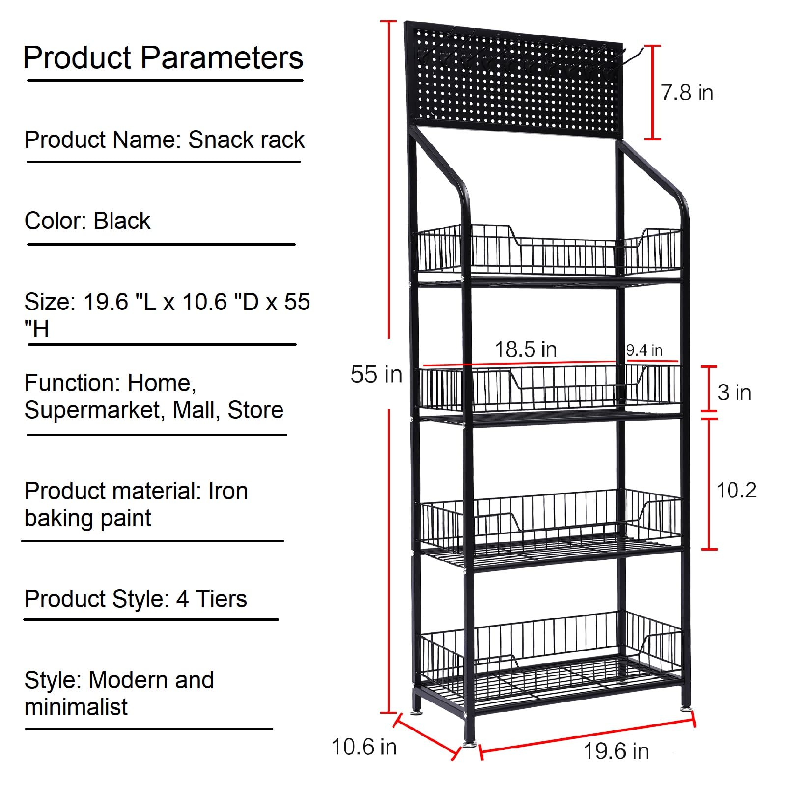 4-Tier Kitchen Baker's Racks Snack Display Rack Organizer with Wheels Metal Standing Shelf Units for Bathroom Living Room Office Garage 19.6 x 10.6 x55in,150lbs Loading(Black)