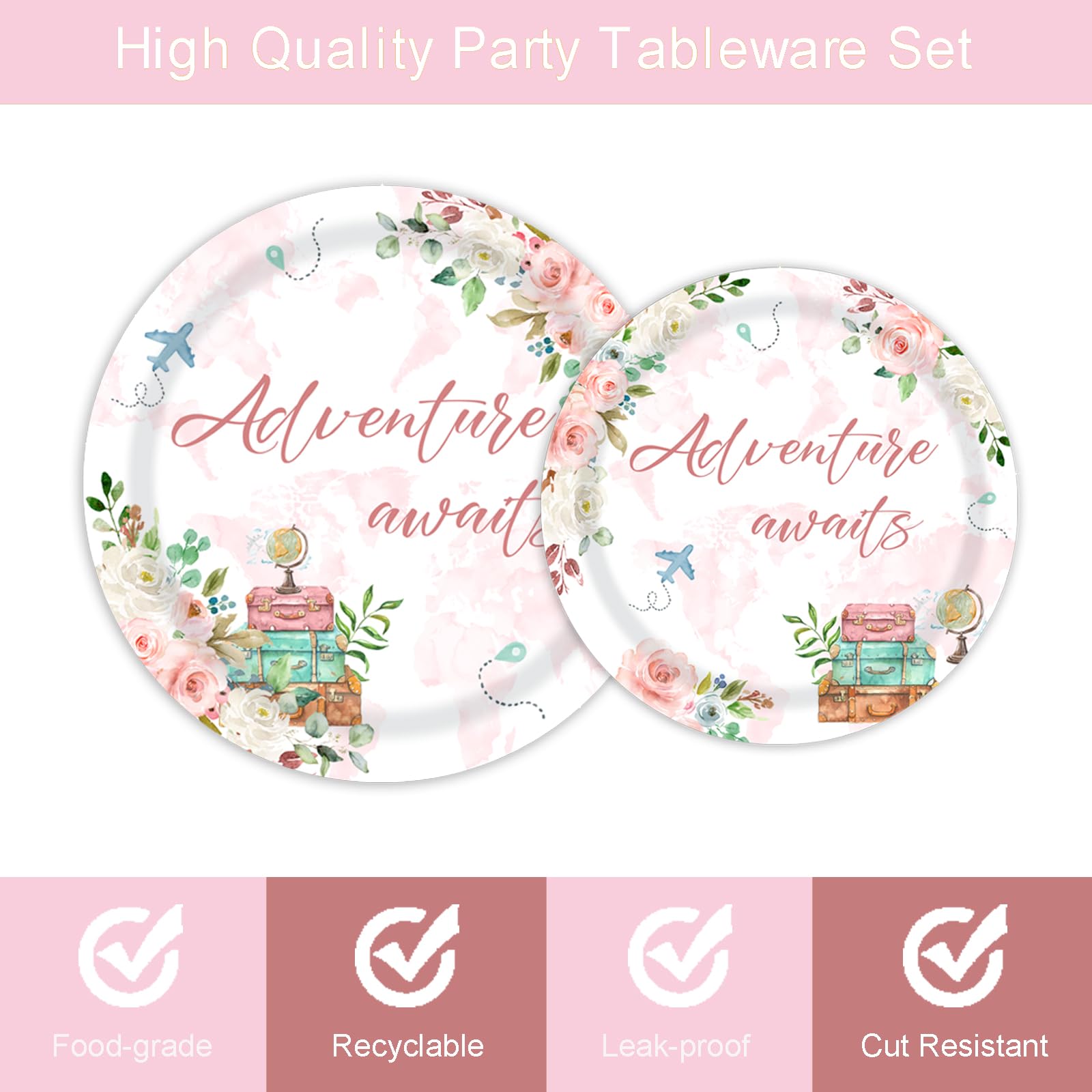 96 Pcs Adventure Awaits Baby Shower Tableware Set World Map Flower Travel and Adventure Begins Dinnerware for Girl Women Bridal Shower Party Decorations Plates Napkins Favors Serves 24 Guests