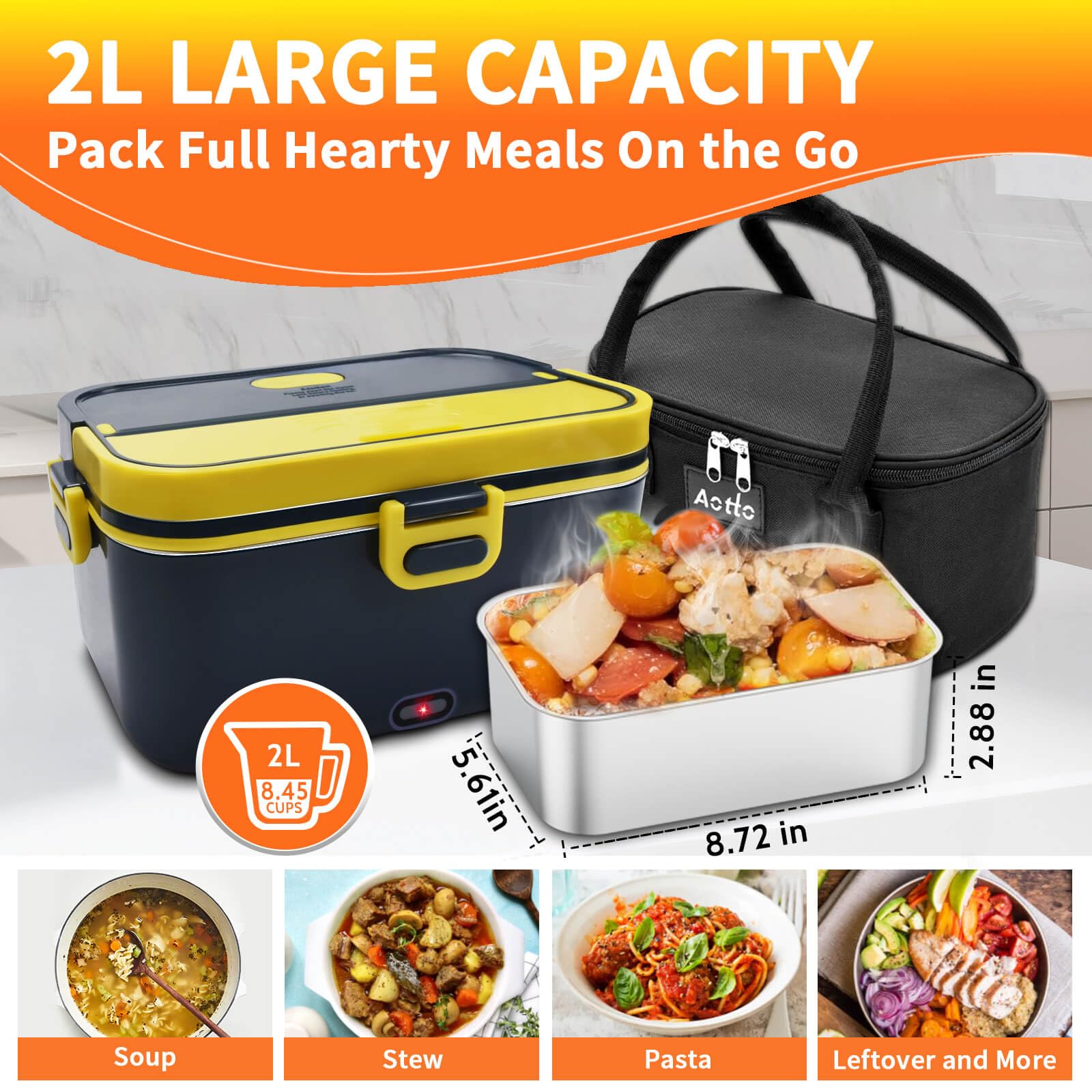 Aotto Electric Lunch Box, 90W Heated Lunch Box, 2L Stainless Steel Heated Lunchbox for Adults, 12/24/110V Self Heating Portable Food Warmer for Car/Truck/Work, Lonchera Eléctrica Portátil Food Heater