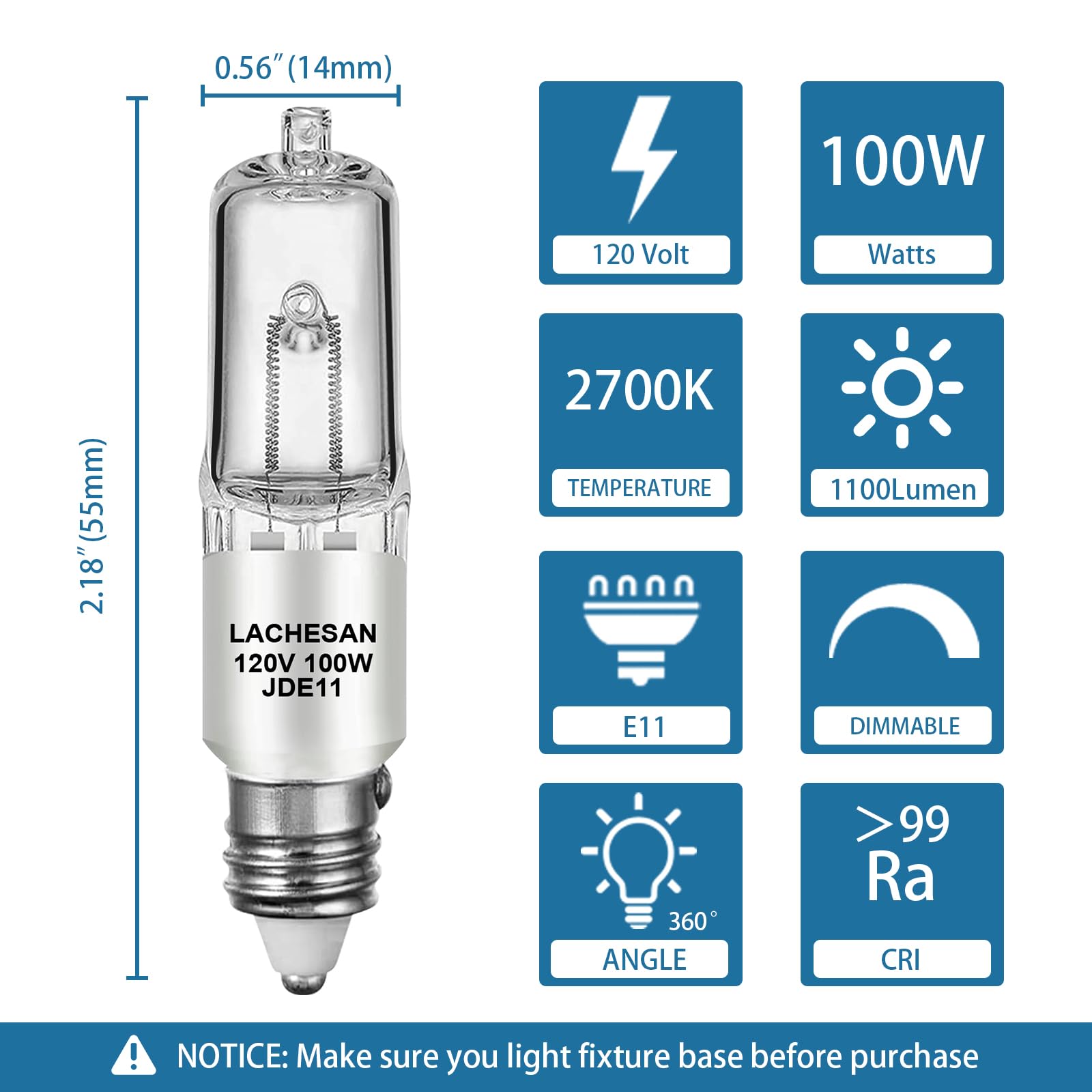 Lachesan JDE11 120v 100w, E11 Halogen Bulb（Replacement E11 Led Bulb） T4 Mini Candelabra Base, 2700K Warm White Dimmable for Chandeliers, Ceiling Fan, Table Lamps, Cabinet Lighting, 4 Pack